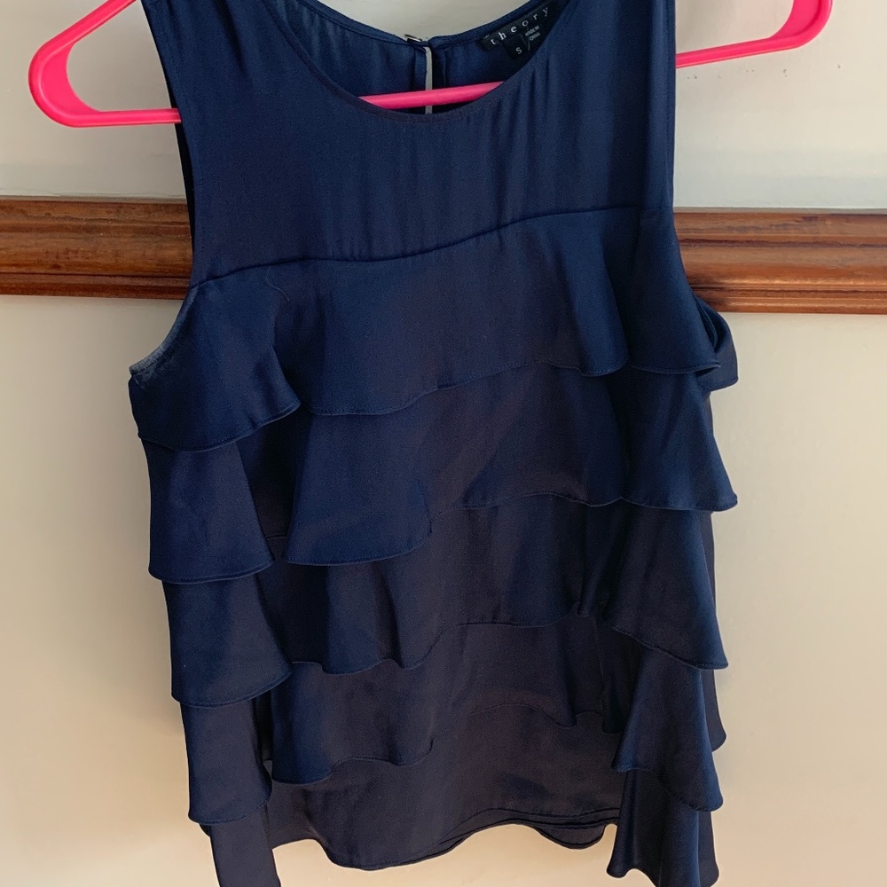 Theory silk ruffled blouse . NWOT. 5 oercent spandex for stretch. 159 retail